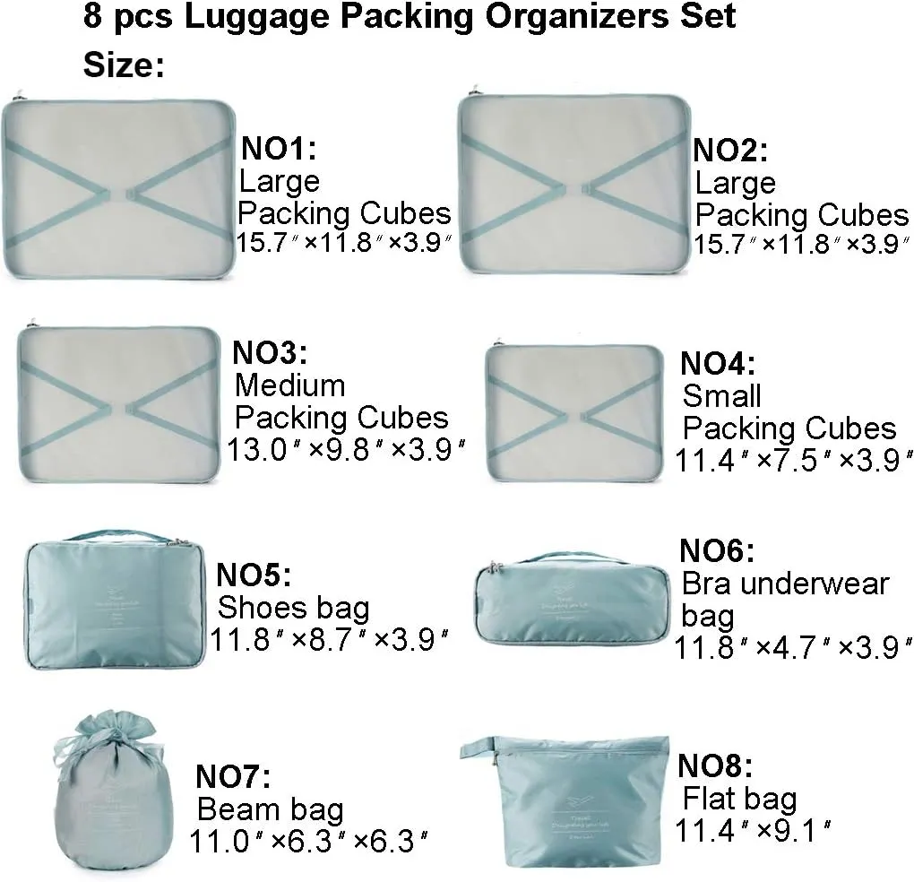 Travel Packing Cubes 8 Pcs Set, Luggage Packing Organizers with Shoe Bag and Toiletry Bag