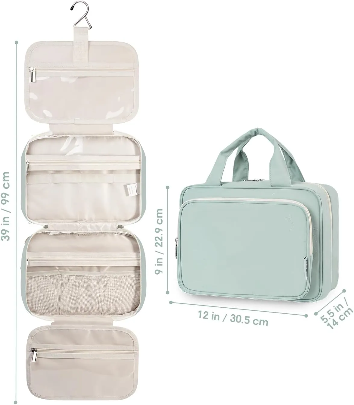 Travel Toiletry Bag for Women Large Hanging Makeup Bag Organizer Toiletries Bag for Full Size Essentials Accessories Cosmetics (Mint Green (Large))