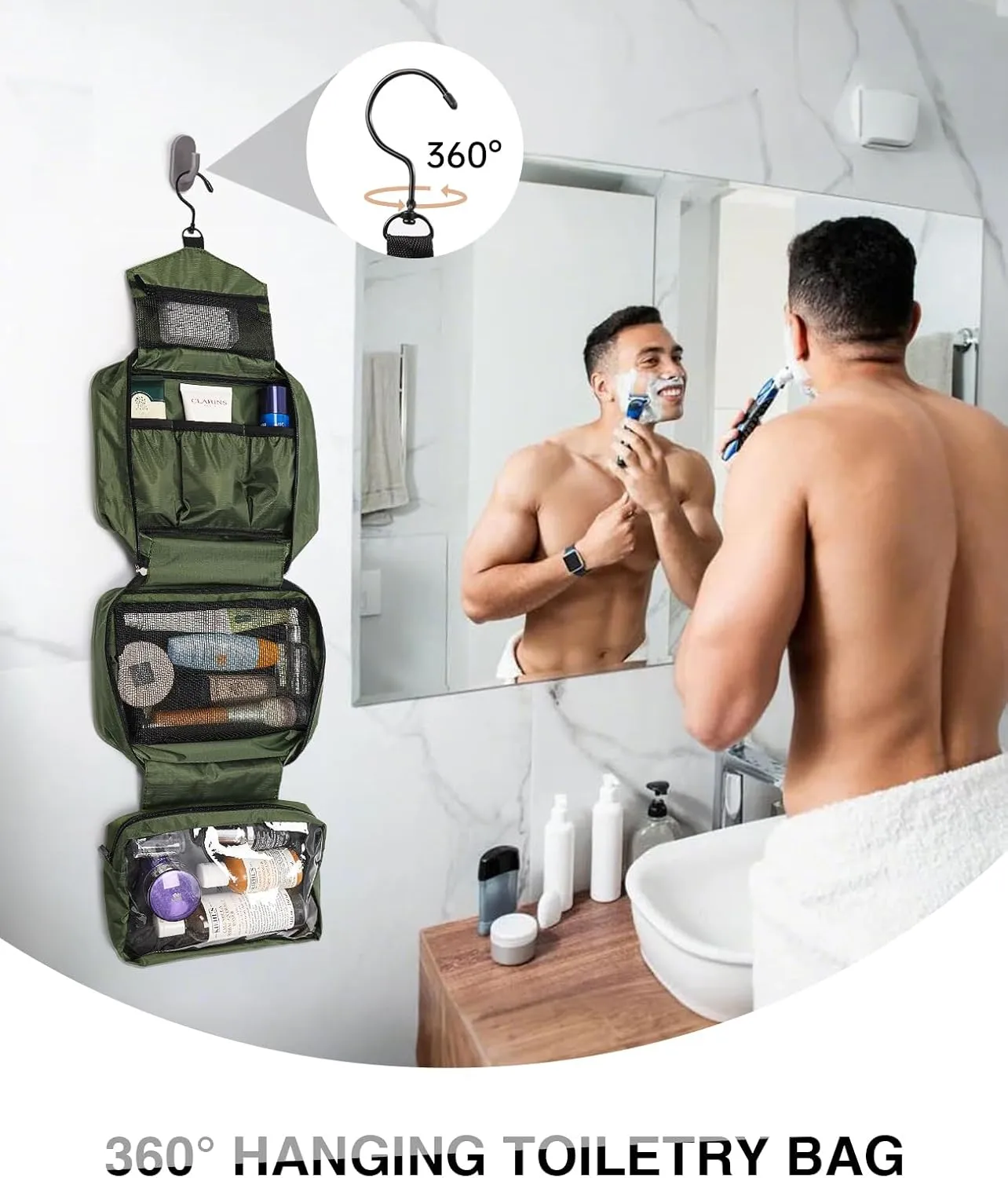 Travel Toiletry Bag for Women Men - Portable Large Hanging Organizer Makeup Bag for Cosmetic, Shampoo, Conditioner, Brushes Set, Cosmetic, Travel Accessories Essentials, Green