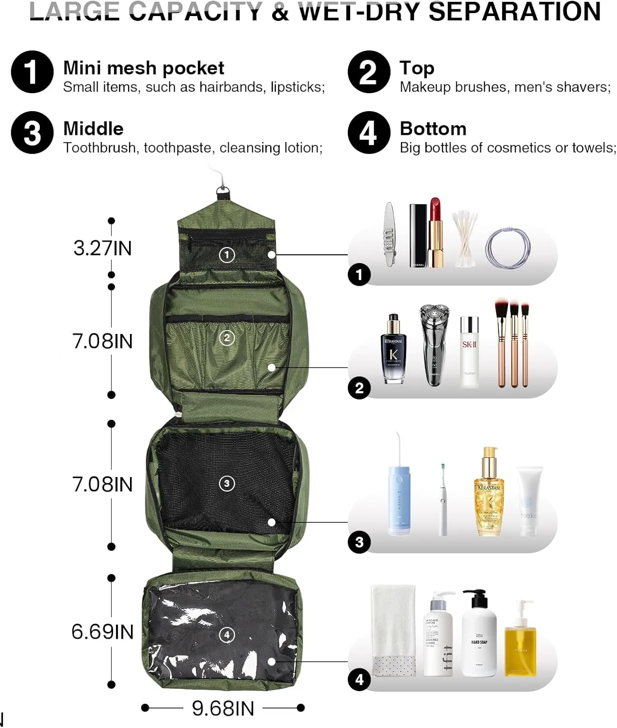 Travel Toiletry Bag for Women Men - Portable Large Hanging Organizer Makeup Bag for Cosmetic, Shampoo, Conditioner, Brushes Set, Cosmetic, Travel Accessories Essentials, Green