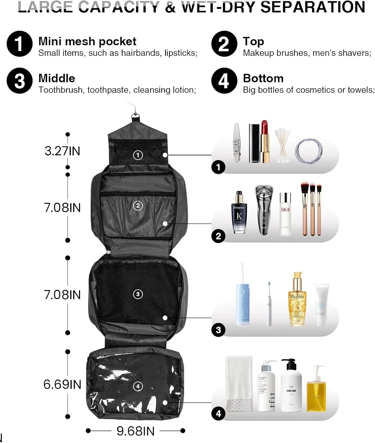 Travel Toiletry Bag for Women Men - Portable Large Hanging Organizer Makeup Bag for Cosmetic, Shampoo, Conditioner, Brushes Set, Cosmetic Travel Accessories Essentials, Grey