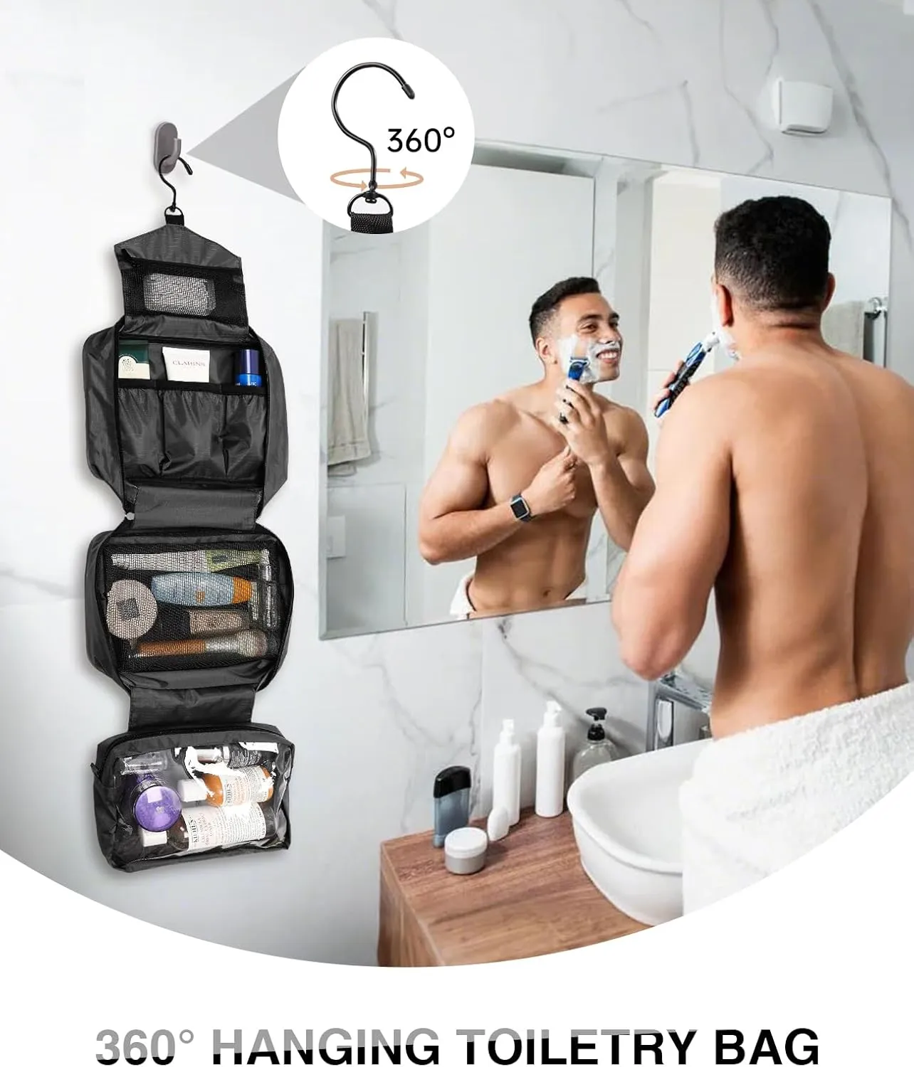Travel Toiletry Bag for Women Men - Portable Large Hanging Organizer Makeup Bag for Cosmetic, Shampoo, Conditioner, Brushes Set, Cosmetic Travel Accessories Essentials, Grey