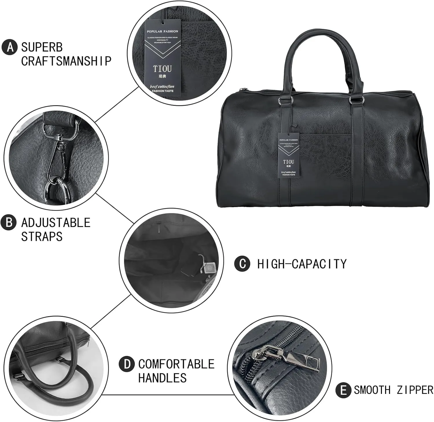 Travel Tote Duffel Bag Weekender Overnight Bag Carry On Bag Gym Duffle Bag Weekender Bag for Men Women Black
