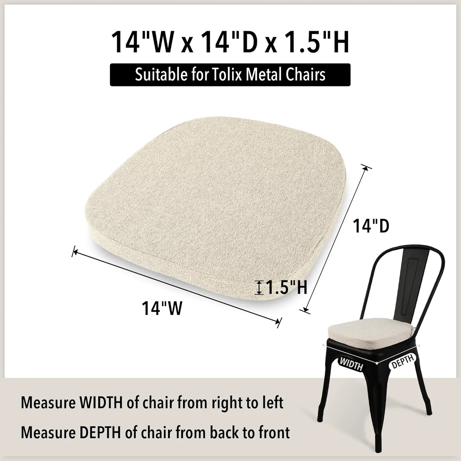 Tromlycs 14x14 Metal Chair Cushions Pads Set of 2 for Tolix Metal Chairs Small Seat Cushions 14 inch Light Linen