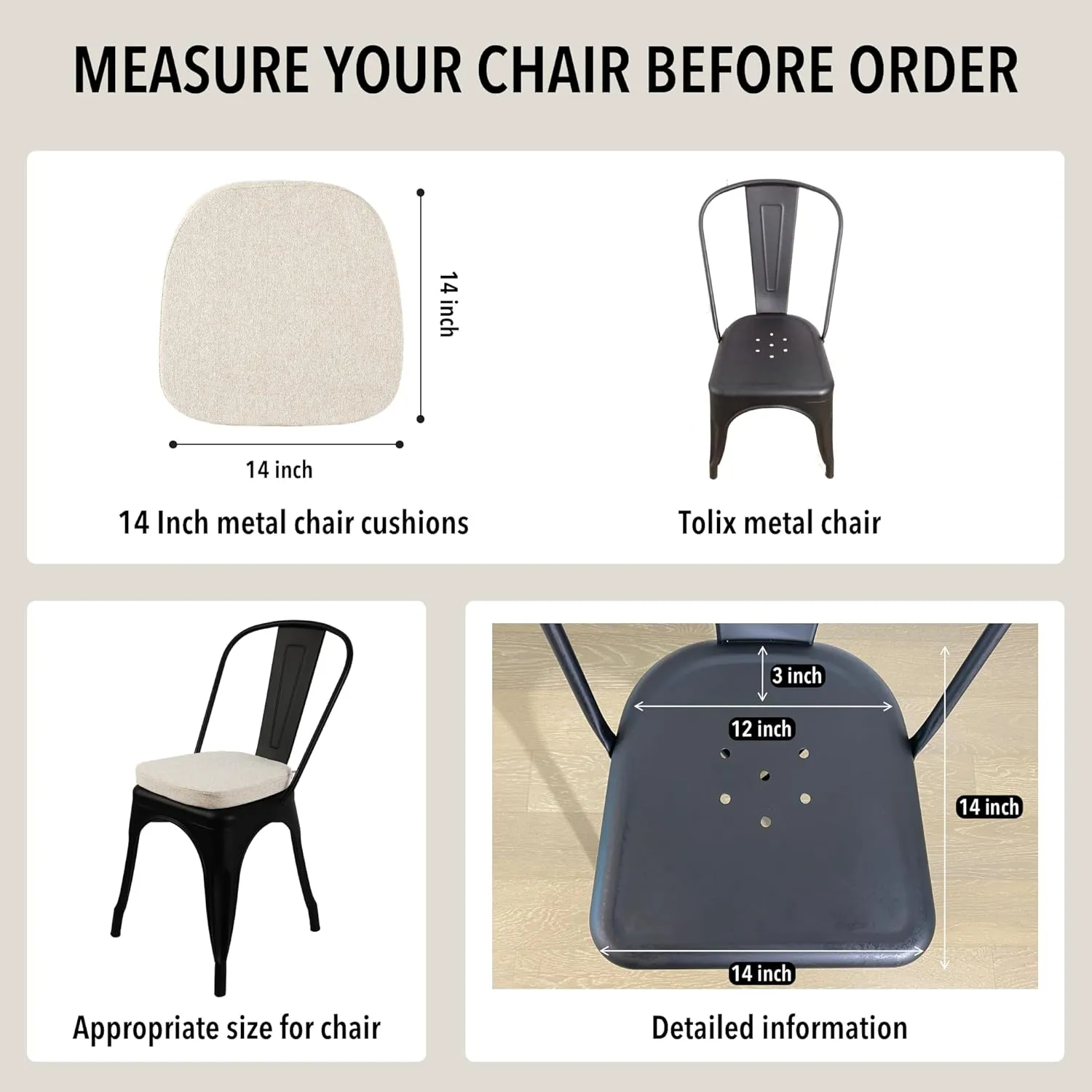 Tromlycs 14x14 Metal Chair Cushions Pads Set of 2 for Tolix Metal Chairs Small Seat Cushions 14 inch Light Linen