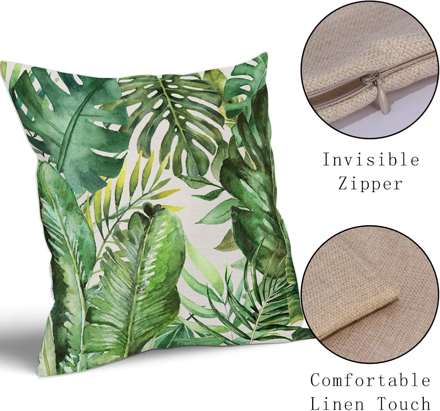 Tropical Palm Leaves Pillow Covers 16x16 Inch Set of 2 Green Banana Leaf Throw Pillow Covers Summer Farmhouse Outdoor Pillowscase Linen Square Cushion Covers for Sofa Couch Bedroom Home Decoration