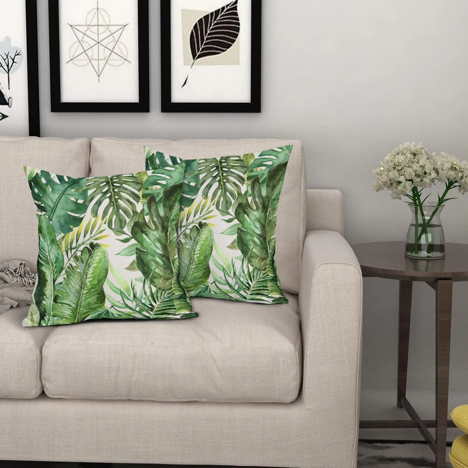 Tropical Palm Leaves Pillow Covers 16x16 Inch Set of 2 Green Banana Leaf Throw Pillow Covers Summer Farmhouse Outdoor Pillowscase Linen Square Cushion Covers for Sofa Couch Bedroom Home Decoration