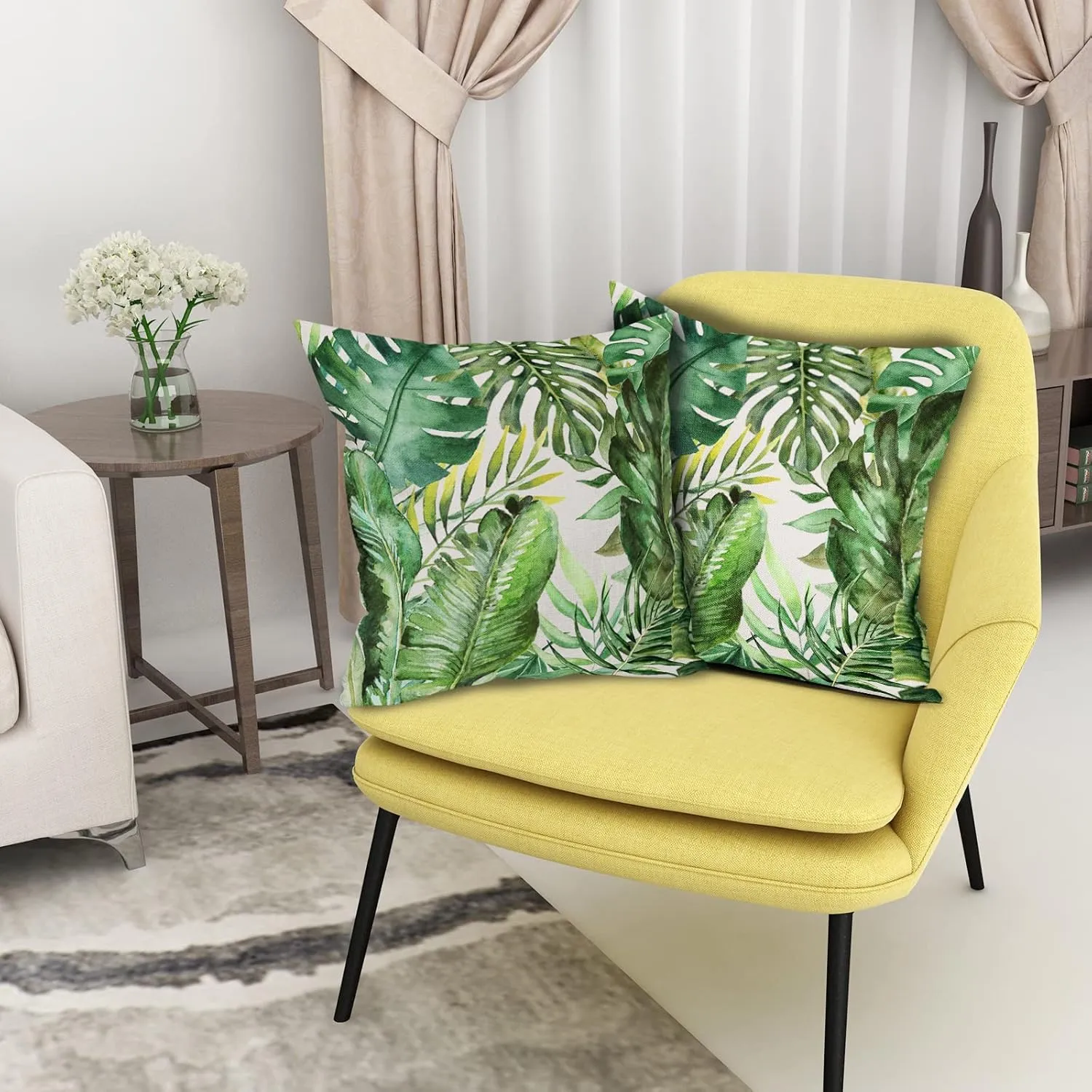 Tropical Palm Leaves Pillow Covers 16x16 Inch Set of 2 Green Banana Leaf Throw Pillow Covers Summer Farmhouse Outdoor Pillowscase Linen Square Cushion Covers for Sofa Couch Bedroom Home Decoration