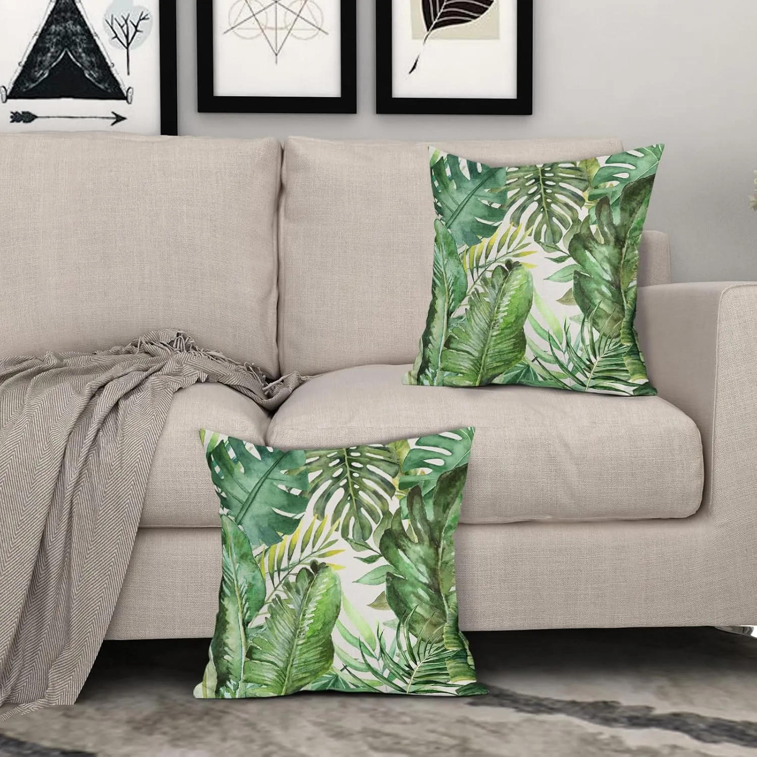 Tropical Palm Leaves Pillow Covers 16x16 Inch Set of 2 Green Banana Leaf Throw Pillow Covers Summer Farmhouse Outdoor Pillowscase Linen Square Cushion Covers for Sofa Couch Bedroom Home Decoration