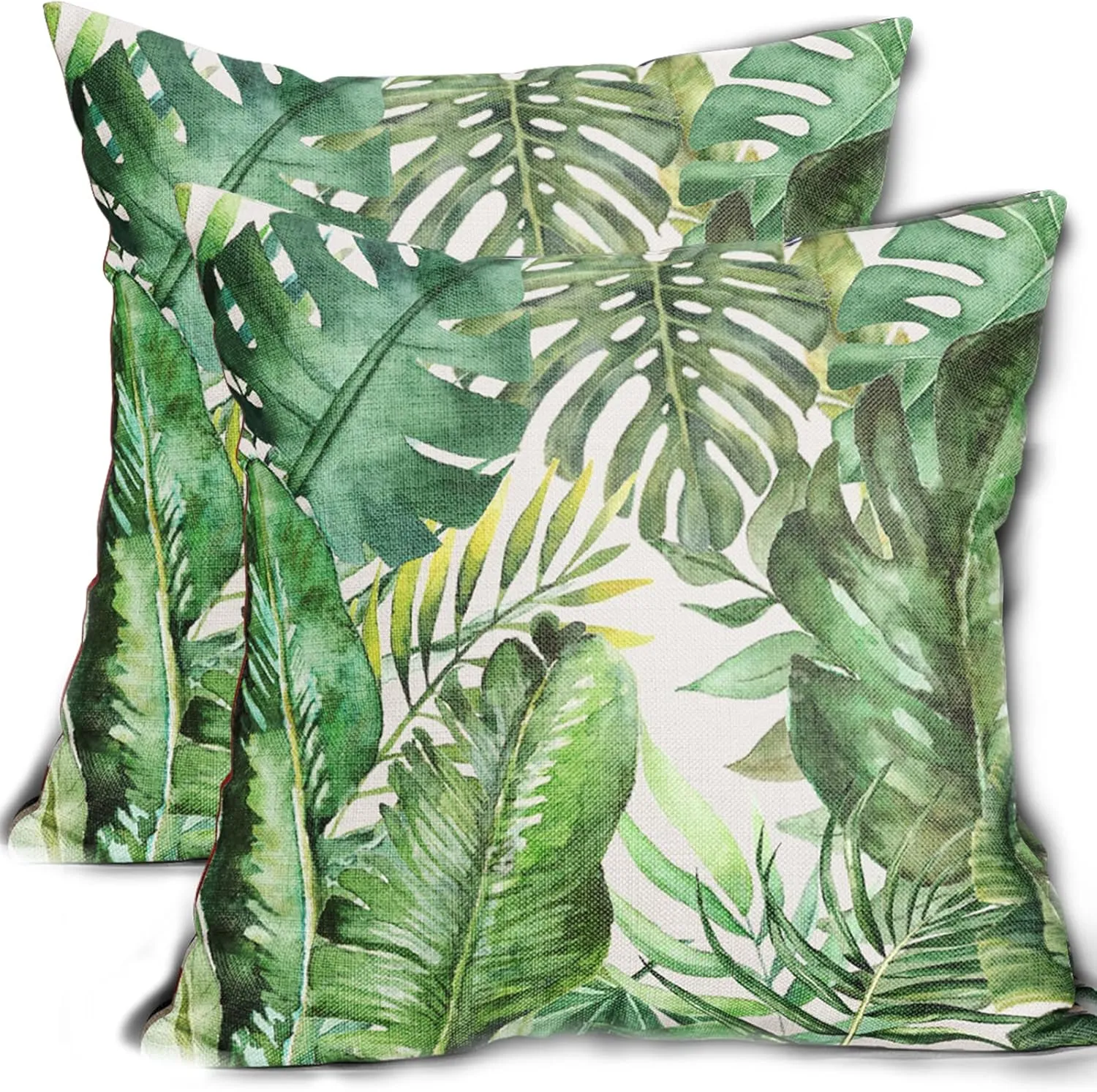 Tropical Palm Leaves Pillow Covers 16x16 Inch Set of 2 Green Banana Leaf Throw Pillow Covers Summer Farmhouse Outdoor Pillowscase Linen Square Cushion Covers for Sofa Couch Bedroom Home Decoration