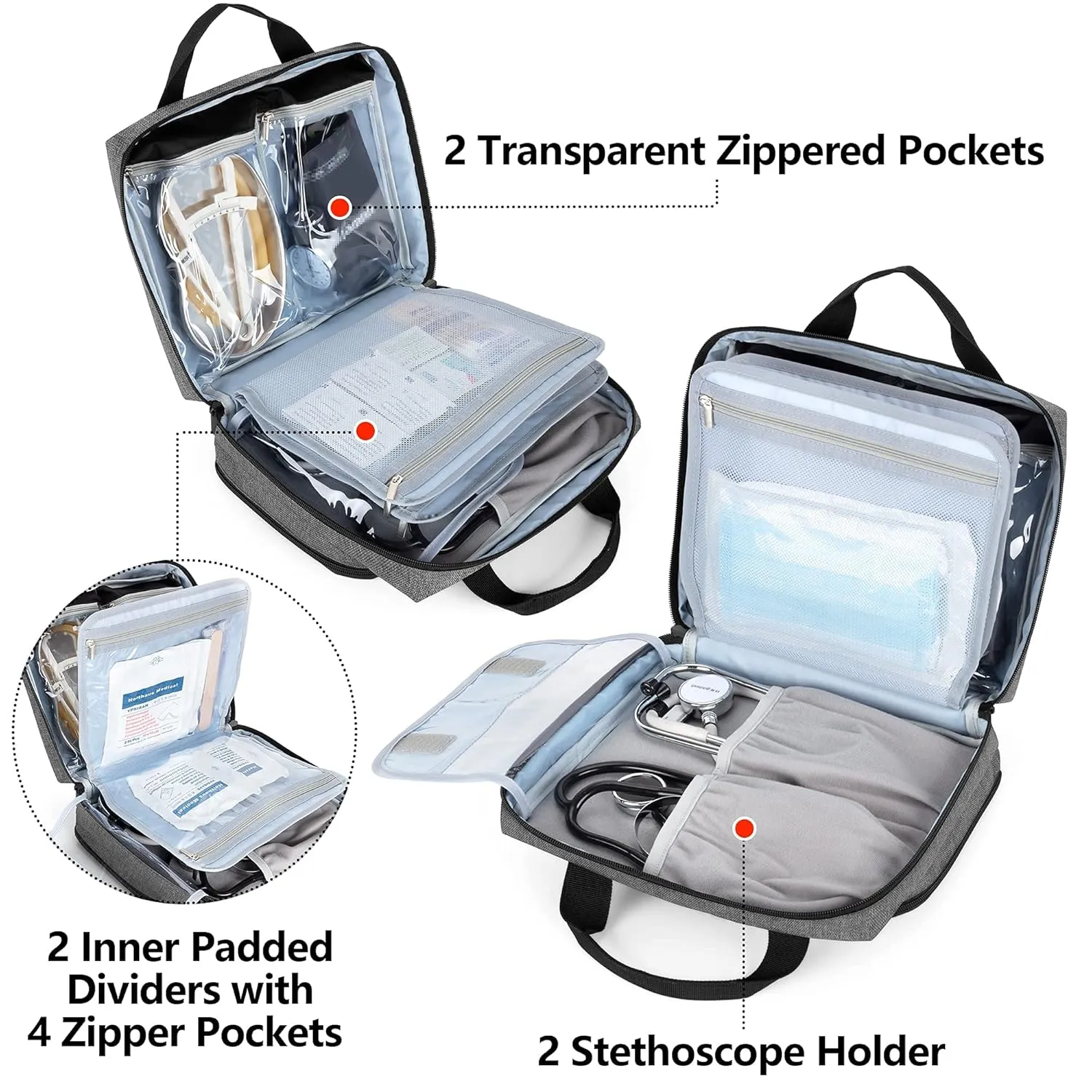 Trunab Utility Nurse Case Padded Stethoscope Case, Hold Two Stethoscopes/BP Cuffs and Accessories, Small Empty First Aid Bag for Doctor, Grey (Patent Design)