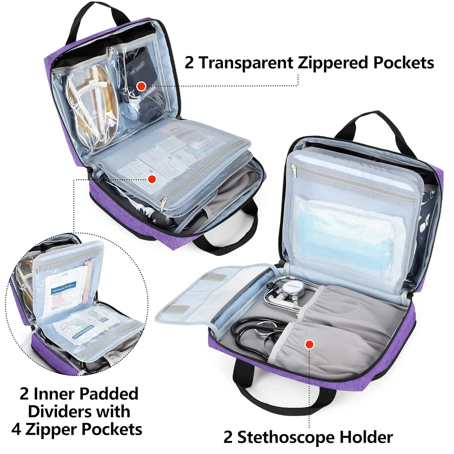 Trunab Utility Nurse Case Padded Stethoscope Case, Hold Two Stethoscopes/BP Cuffs and Nurse Accessories, Small Empty First Aid Bag for Nurses, Doctor, Purple (Patent Design)