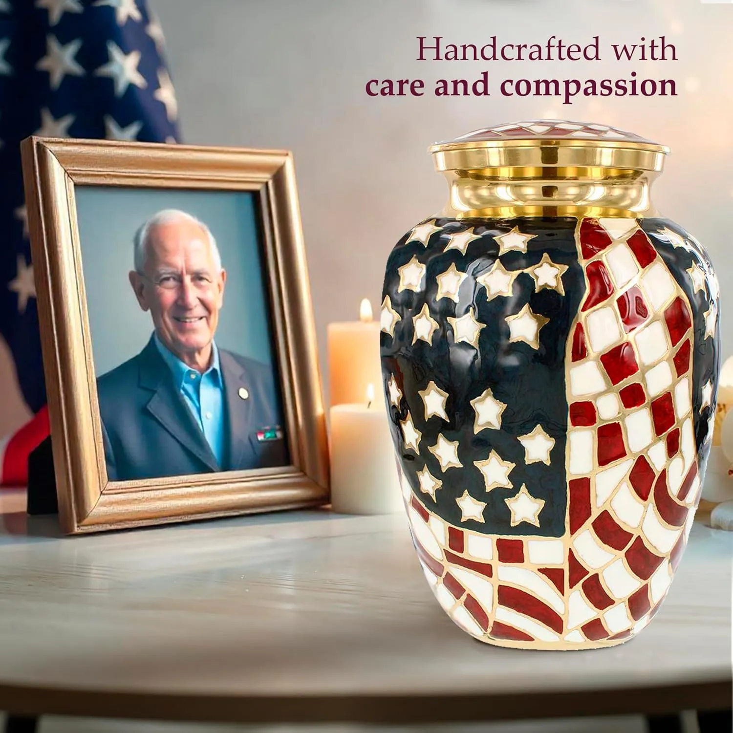 Trupoint Memorials Cremation Urns for Human Ashes, Military and Patriotic Decorative Burial Urn for Veteran Adult Men and Women, Large Gold