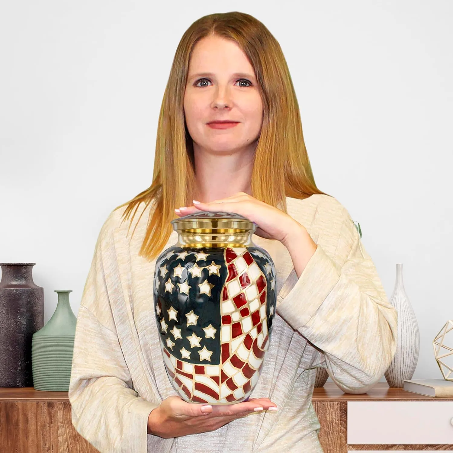 Trupoint Memorials Cremation Urns for Human Ashes, Military and Patriotic Decorative Burial Urn for Veteran Adult Men and Women, Large Gold