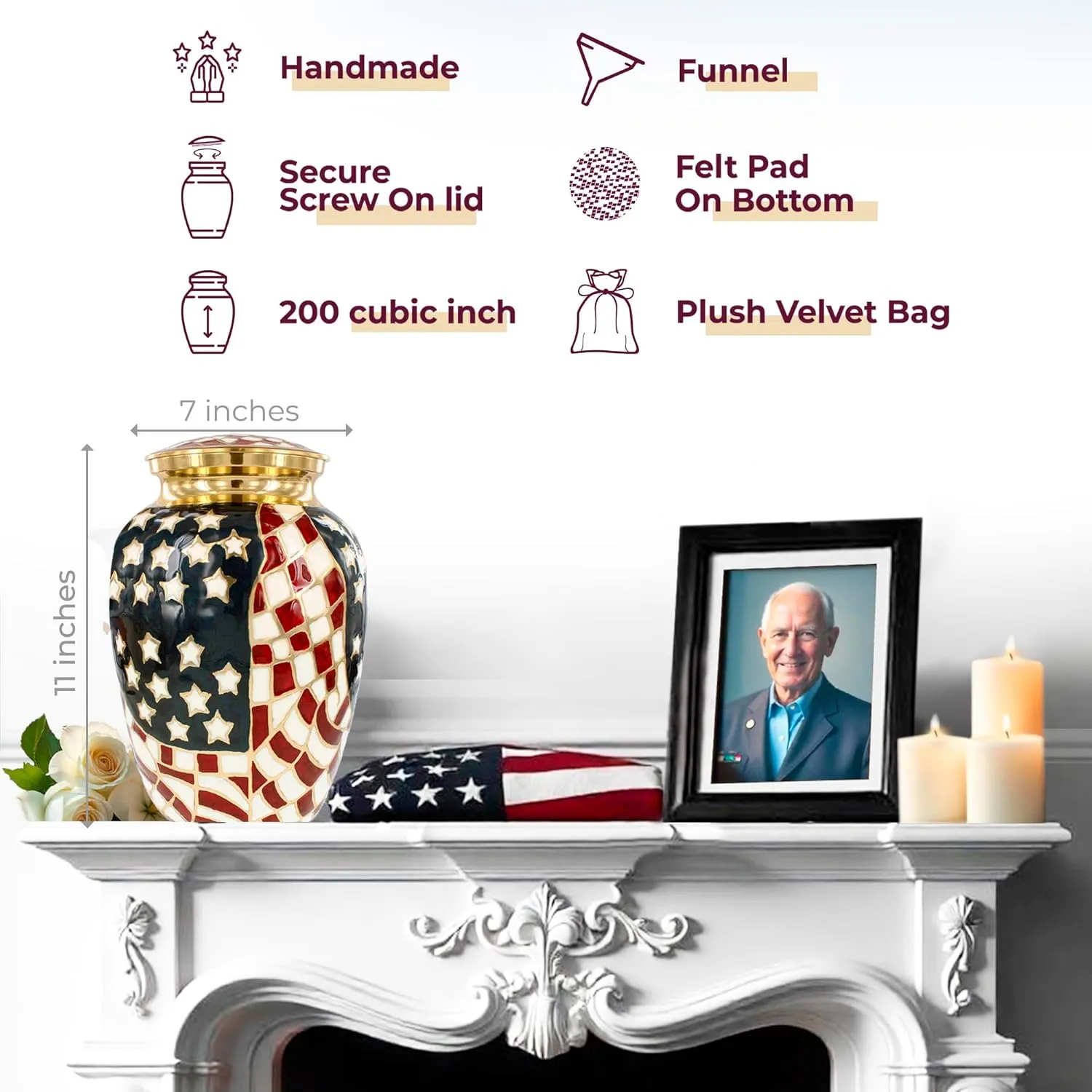 Trupoint Memorials Cremation Urns for Human Ashes, Military and Patriotic Decorative Burial Urn for Veteran Adult Men and Women, Large Gold