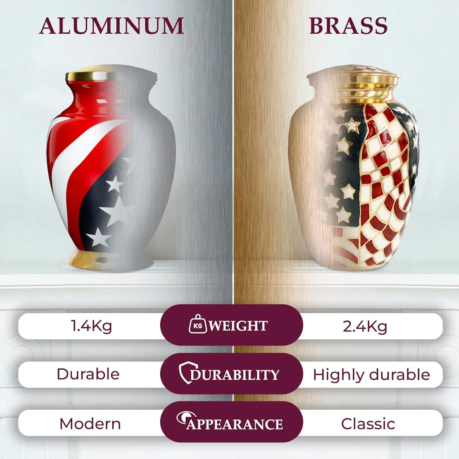 Trupoint Memorials Cremation Urns for Human Ashes, Military and Patriotic Decorative Burial Urn for Veteran Adult Men and Women, Large Gold