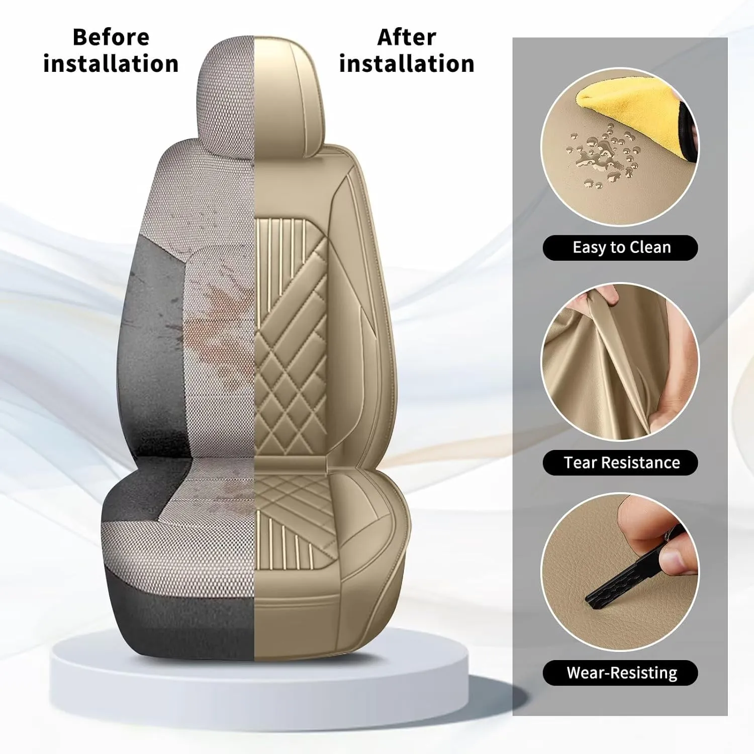 TTX LIGHTING 2PCS Car Seat Covers Fit for Lincoln Nautilus 2019-2025 Front Seat Covers Waterproof Faux Leather Automotive Seat Protectors Cushions with Airbag Compatible(2 Front Seat,Beige)
