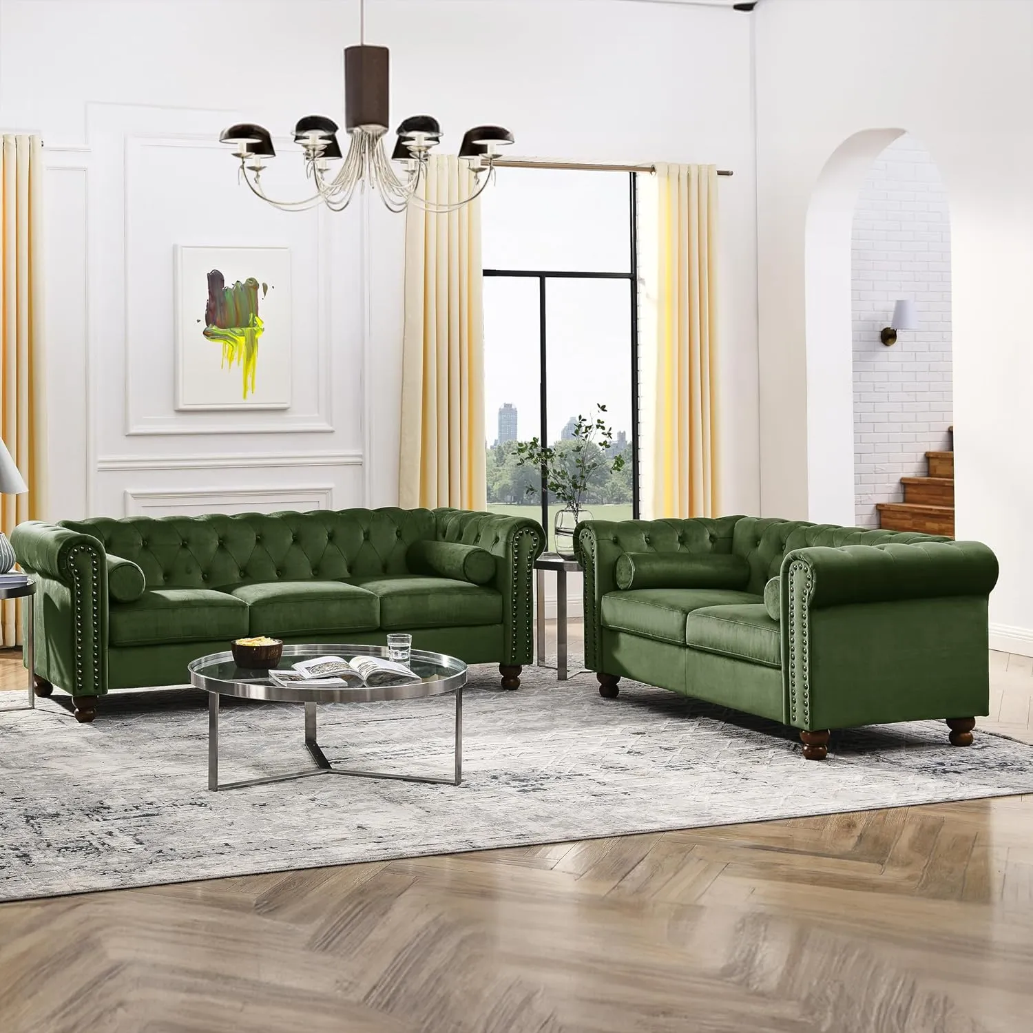 Tufted Velvet Sofa Couch for Living Room, Rolled Arm 3-Seater Sofa Couch with Nailhead Trim and 2 Neck Roll Pillows, Small Apartment Chesterfield Sofa Green