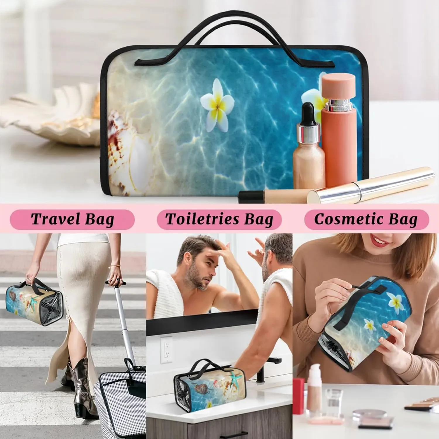 Turtle Starfish Toiletry Bag Water Proof Travel Makeup Case Large Capacity 4 in 1 Foldable Cosmetics Storage for Women Men Removable Zipper Clear PVC Pockets