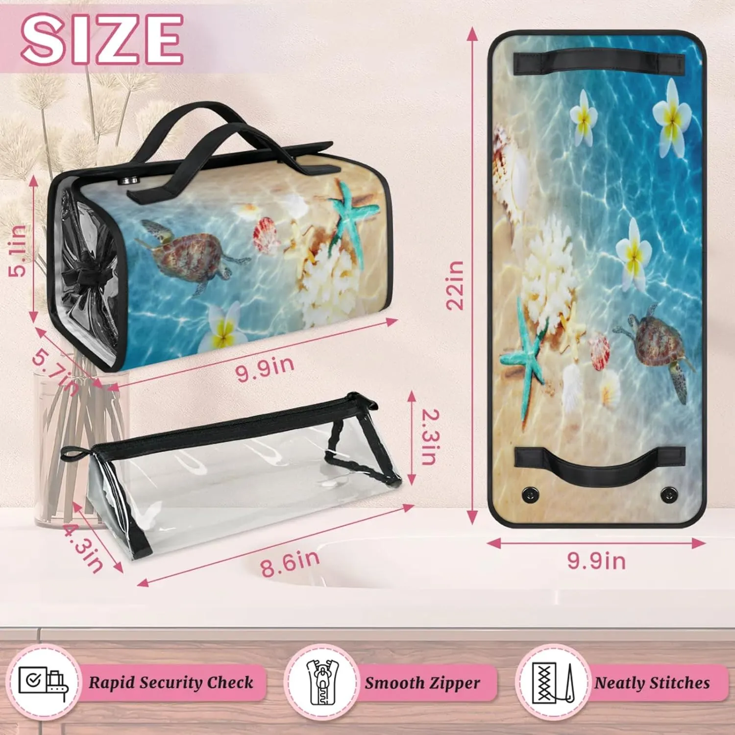 Turtle Starfish Toiletry Bag Water Proof Travel Makeup Case Large Capacity 4 in 1 Foldable Cosmetics Storage for Women Men Removable Zipper Clear PVC Pockets