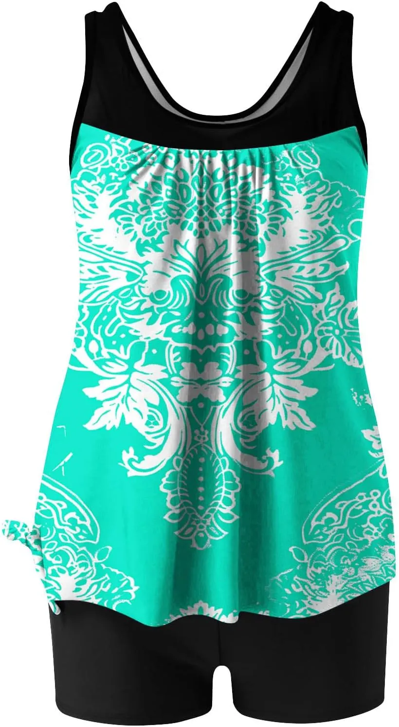 Two Piece Women's Tankini Swimsuits Floral Print Colorblock Swim Tank Top with Shorts Summer Fashion Bathing Suits