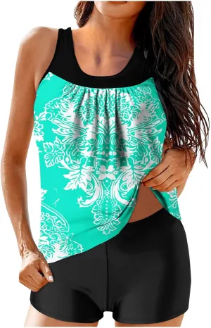 Two Piece Women's Tankini Swimsuits Floral Print Colorblock Swim Tank Top with Shorts Summer Fashion Bathing Suits