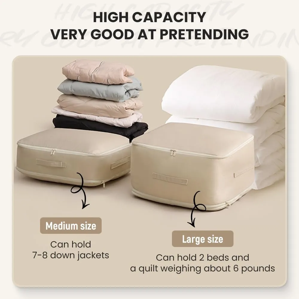 Ultra Space Saving Self Compression Organizer,2024 NEW Heavy Duty Moving Bags,Storage Tote for Space Saving,Self Compression Moving Organizer Bags for Comforters,Clothes,Blankets(Beige,L)