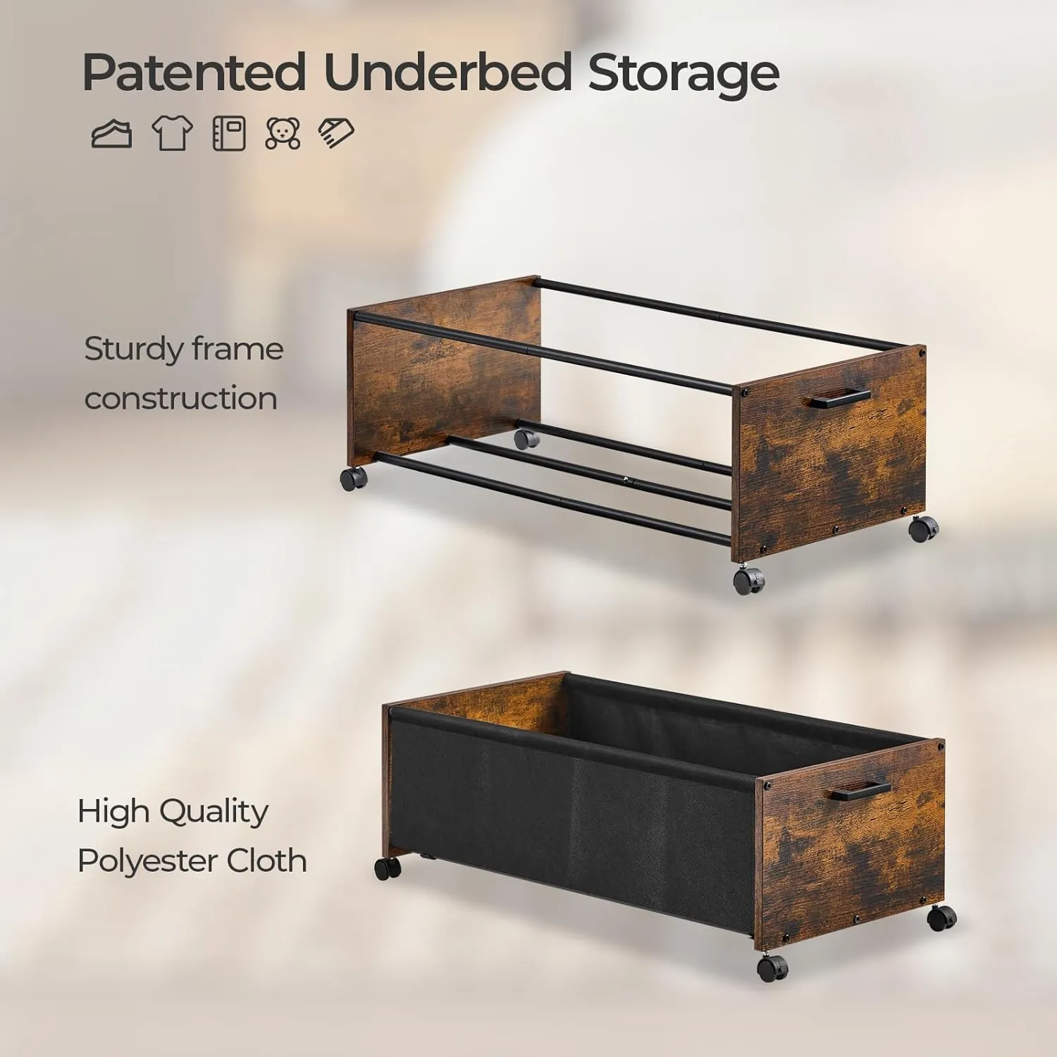 Under Bed Storage, XXL Size, Rolling Under bed Storage With Wheels, Wooden Under Bed Drawers with Metal Frame, Patented Design 2 Packs
