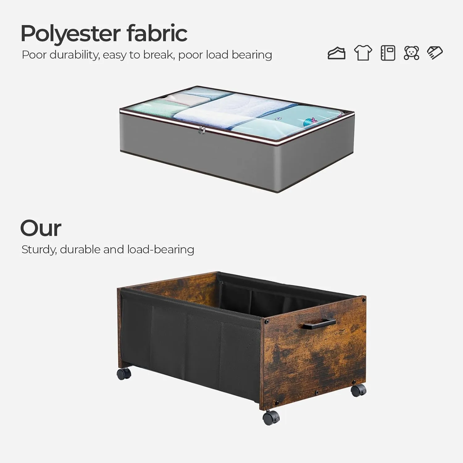 Under Bed Storage, XXL Size, Rolling Under bed Storage With Wheels, Wooden Under Bed Drawers with Metal Frame, Patented Design 2 Packs