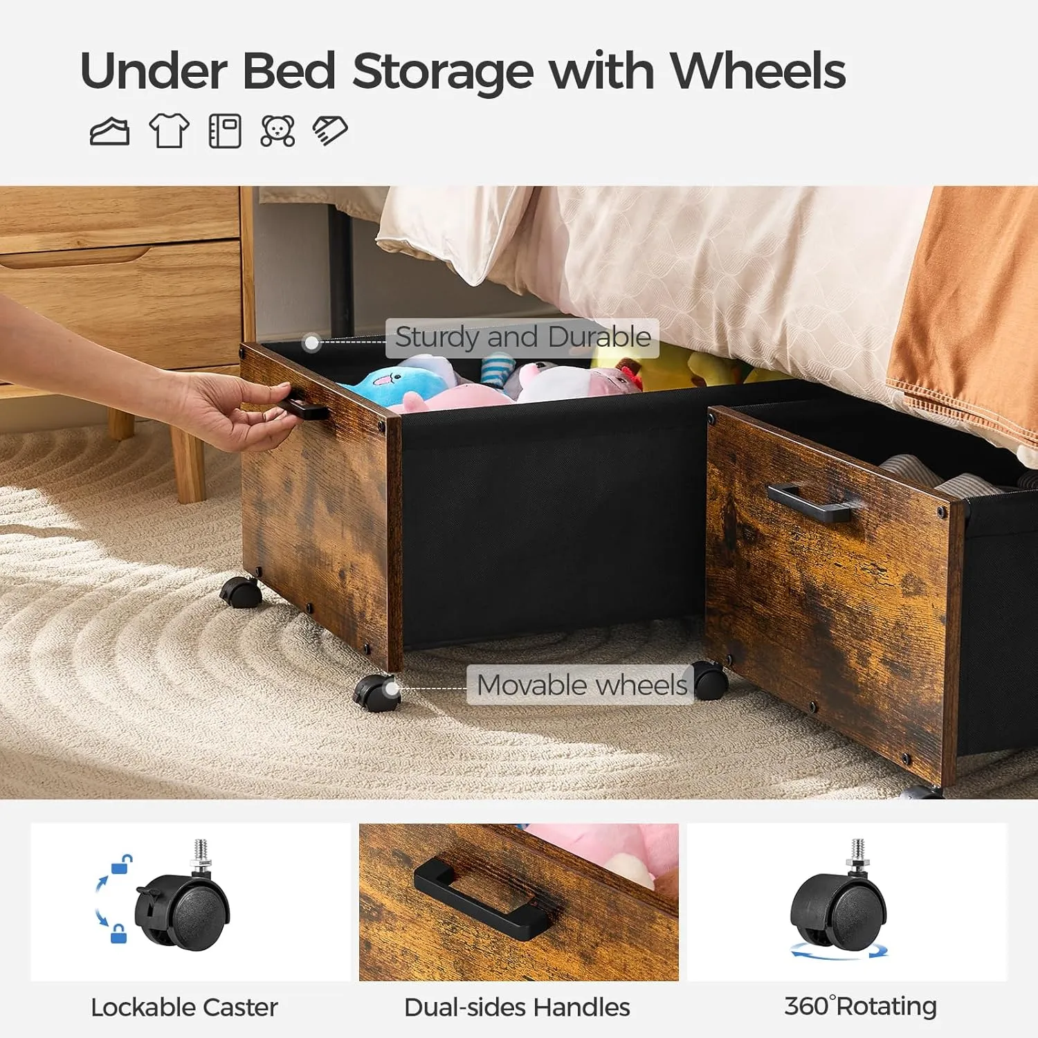 Under Bed Storage, XXL Size, Rolling Under bed Storage With Wheels, Wooden Under Bed Drawers with Metal Frame, Patented Design 2 Packs