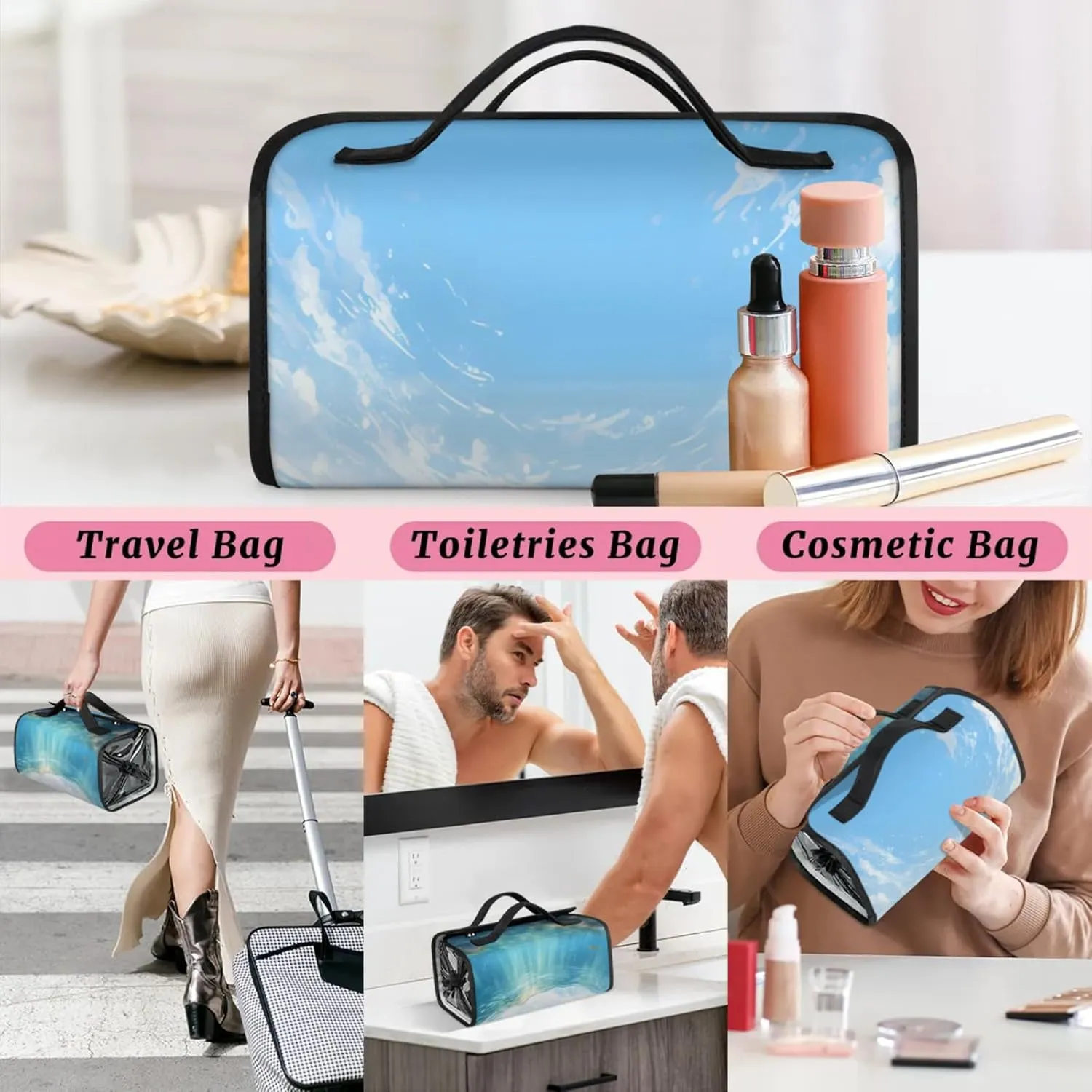 Undersea Scene Toiletry Bag Water Proof Travel Makeup Case Large Capacity 4 in 1 Foldable Cosmetics Storage for Women Men Removable Zipper Clear PVC Pockets