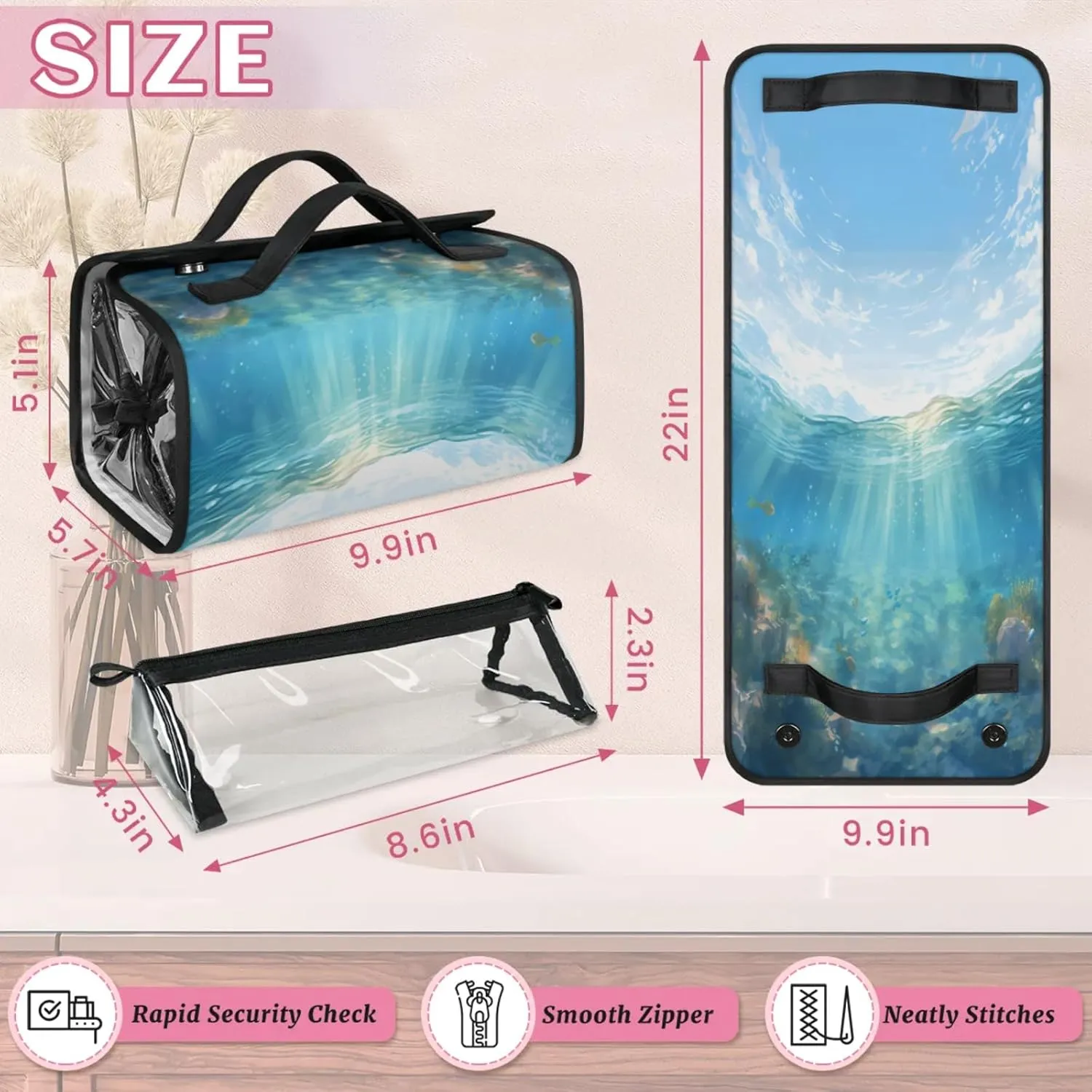 Undersea Scene Toiletry Bag Water Proof Travel Makeup Case Large Capacity 4 in 1 Foldable Cosmetics Storage for Women Men Removable Zipper Clear PVC Pockets