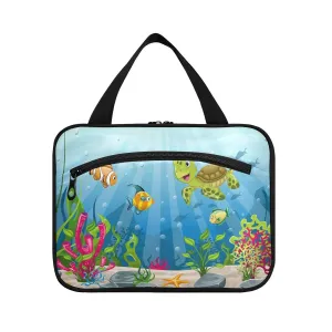 Underwater Blue Ocean Landscape with Sea Turtles Fish Sea Plants 1 PC Hanging Travel Wash bag with Handles, Portable Makeup Organizer Brush Storage Case Portable Travel Cosmetic with Hook L