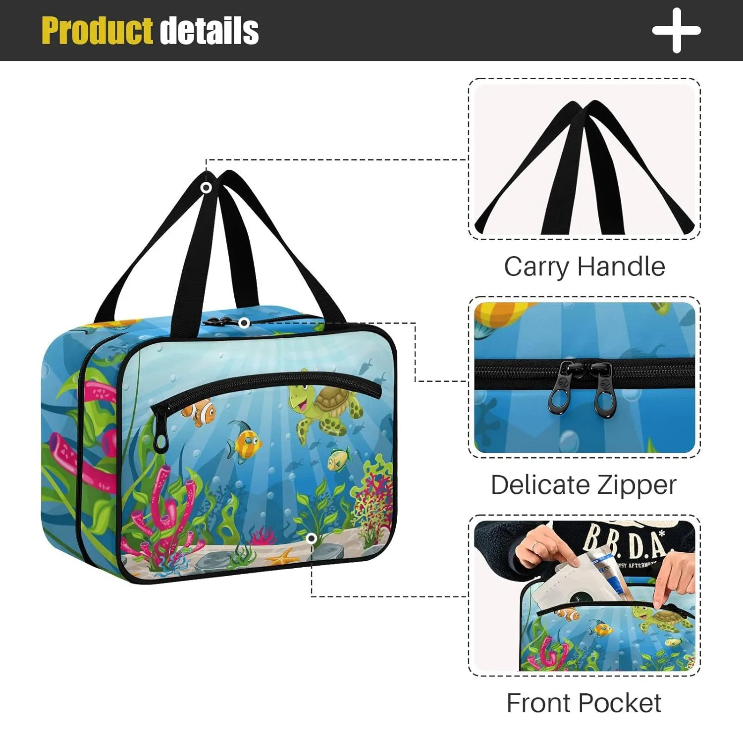 Underwater Blue Ocean Landscape with Sea Turtles Fish Sea Plants 1 PC Hanging Travel Wash bag with Handles, Portable Makeup Organizer Brush Storage Case Portable Travel Cosmetic with Hook L