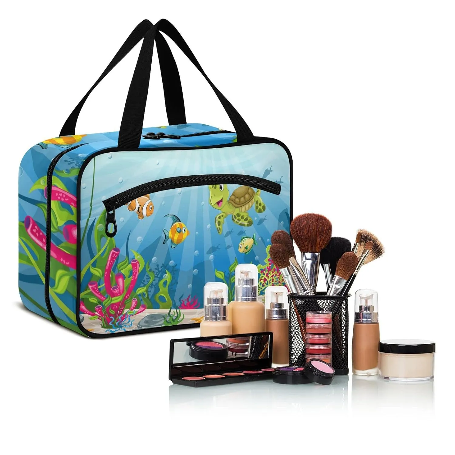 Underwater Blue Ocean Landscape with Sea Turtles Fish Sea Plants 1 PC Hanging Travel Wash bag with Handles, Portable Makeup Organizer Brush Storage Case Portable Travel Cosmetic with Hook L