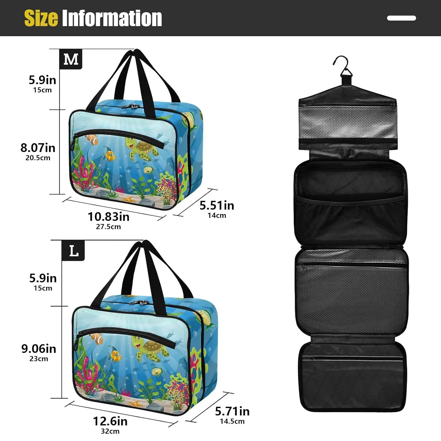 Underwater Blue Ocean Landscape with Sea Turtles Fish Sea Plants 1 PC Hanging Travel Wash bag with Handles, Portable Makeup Organizer Brush Storage Case Portable Travel Cosmetic with Hook L