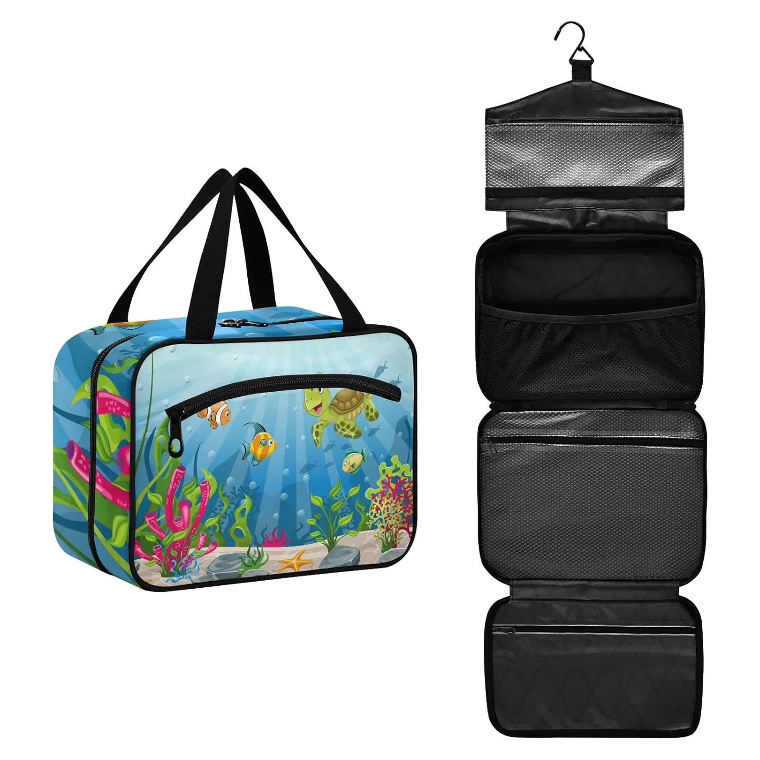 Underwater Blue Ocean Landscape with Sea Turtles Fish Sea Plants 1 PC Hanging Travel Wash bag with Handles, Portable Makeup Organizer Brush Storage Case Portable Travel Cosmetic with Hook L
