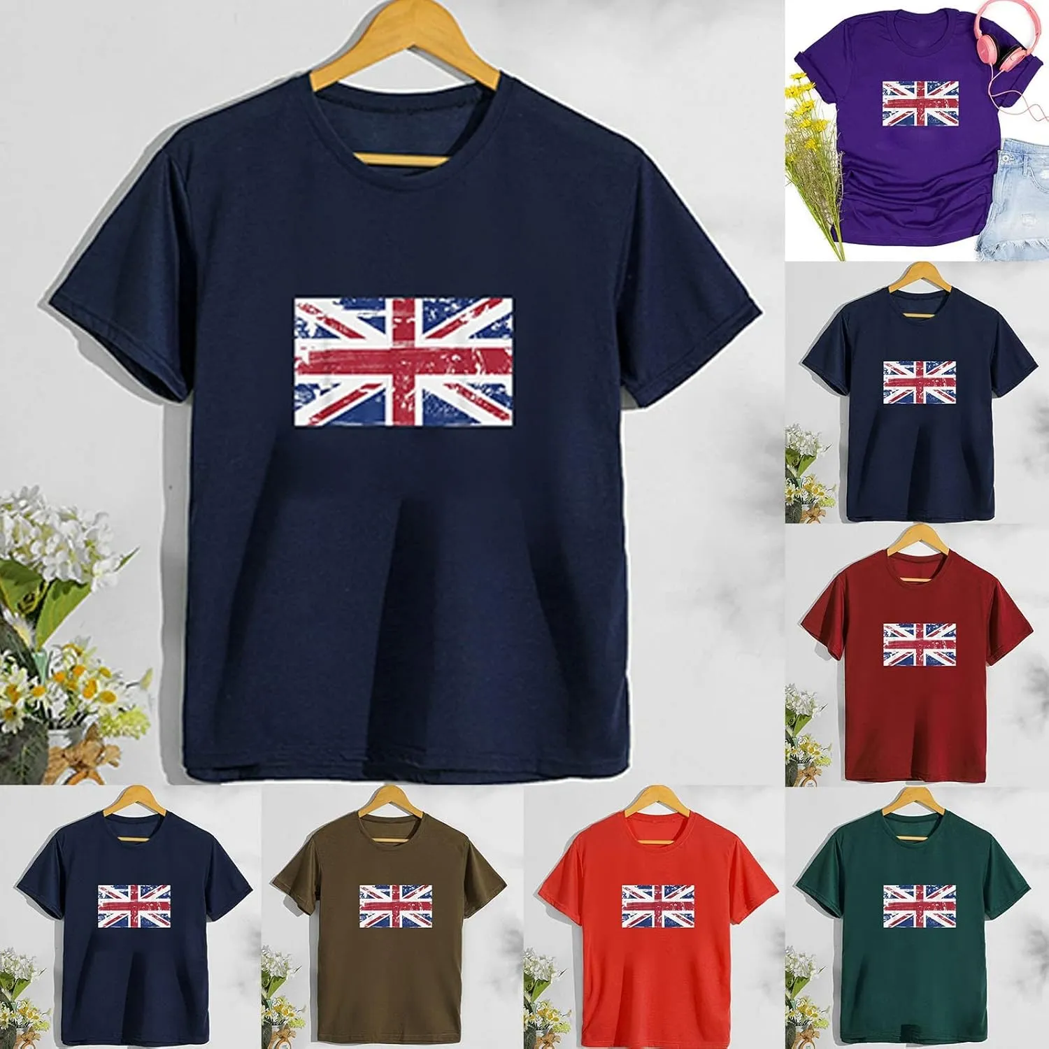 Unisex Union Jack British Flag T Shirts Distressed Casual Short Sleeve Patriotic St Georges Day T Shirts Graphic Tee Shirts