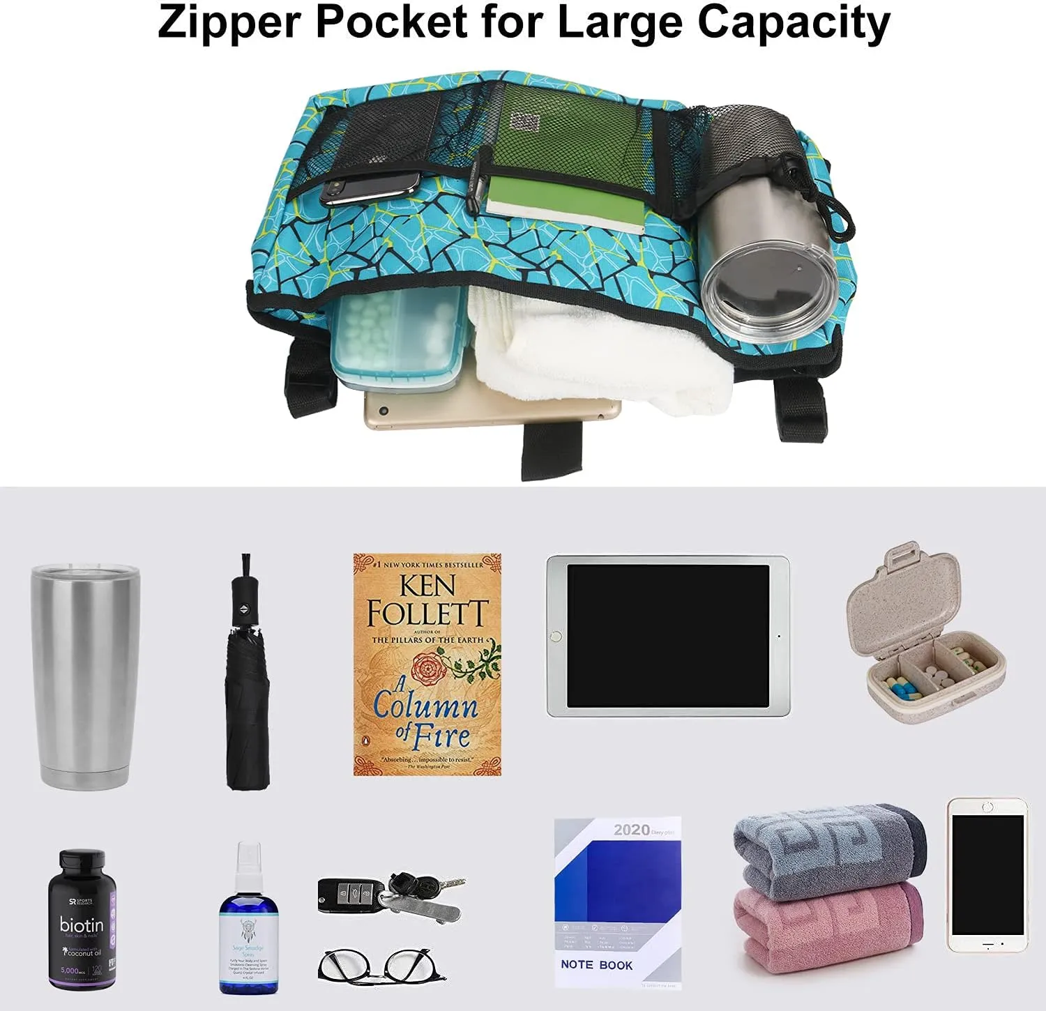 Update Walker Bag Hand Free Storage Bag Attachment Handicap Basket Pouch for Rollator, Wheelchair, Folding Walker (Plaid Blue)