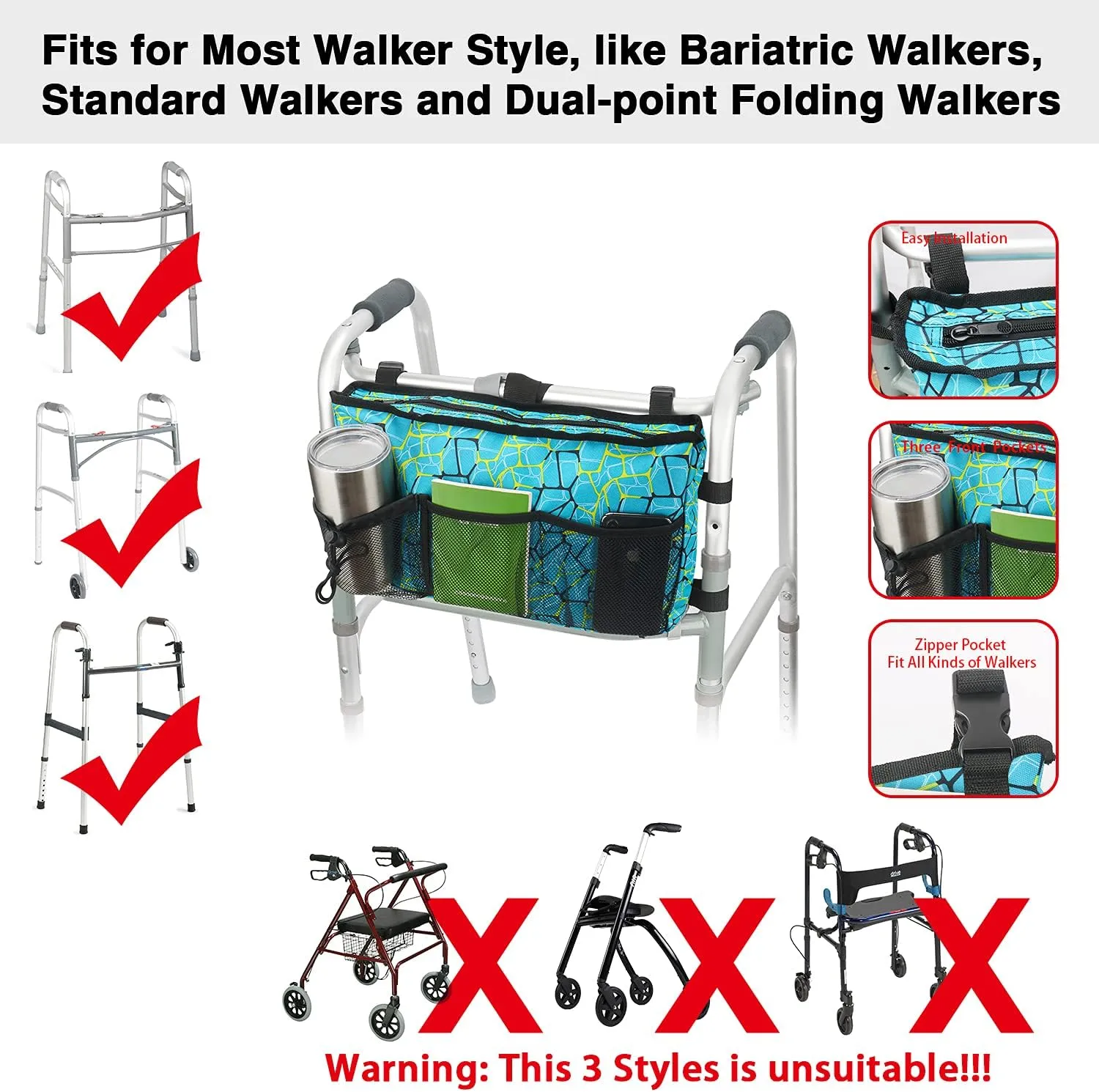 Update Walker Bag Hand Free Storage Bag Attachment Handicap Basket Pouch for Rollator, Wheelchair, Folding Walker (Plaid Blue)