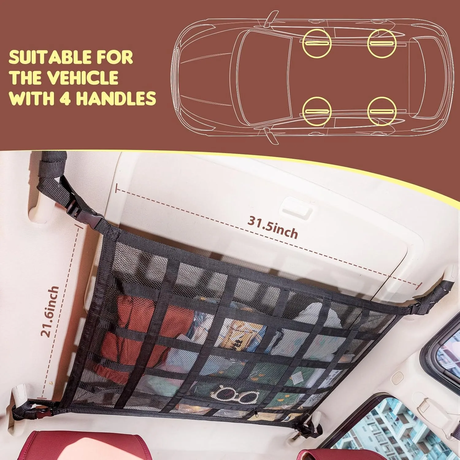 Upgrade Car Ceiling Cargo Net Pocket,31.5"x21.6" Strengthen Load-Bearing and Double-Layer Mesh Car Roof Storage Organizer,Truck SUV Van Travel Long Road Trip Camping Interior Accessories