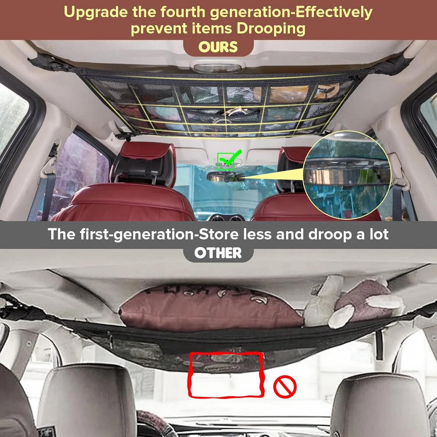 Upgrade Car Ceiling Cargo Net Pocket,31.5"x21.6" Strengthen Load-Bearing and Double-Layer Mesh Car Roof Storage Organizer,Truck SUV Van Travel Long Road Trip Camping Interior Accessories