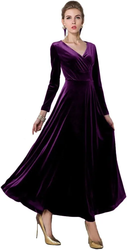 Urban CoCo Women Long Sleeve V-Neck Velvet Stretchy Long Dress