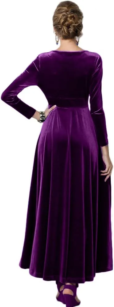 Urban CoCo Women Long Sleeve V-Neck Velvet Stretchy Long Dress