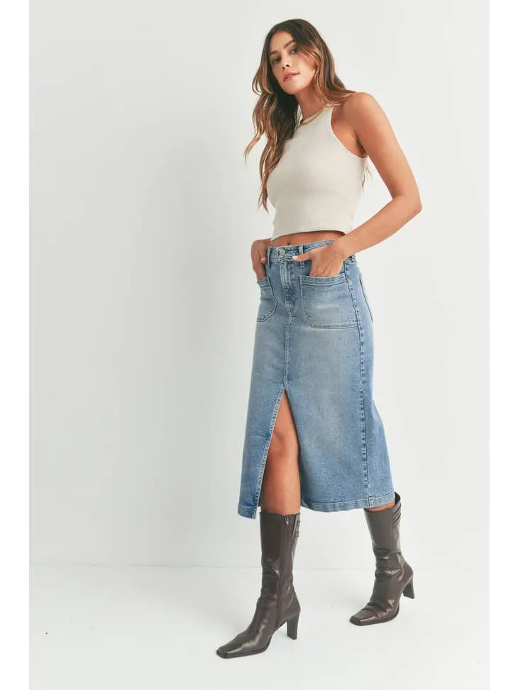 Utility Pocket Midi Skirt - Medium Wash