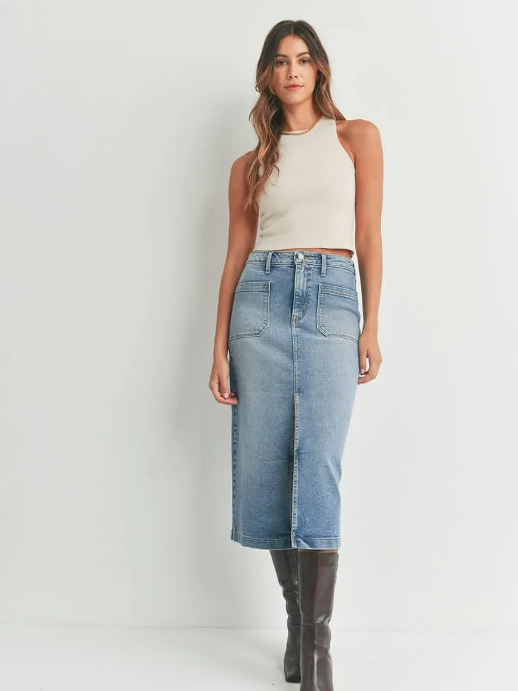 Utility Pocket Midi Skirt - Medium Wash