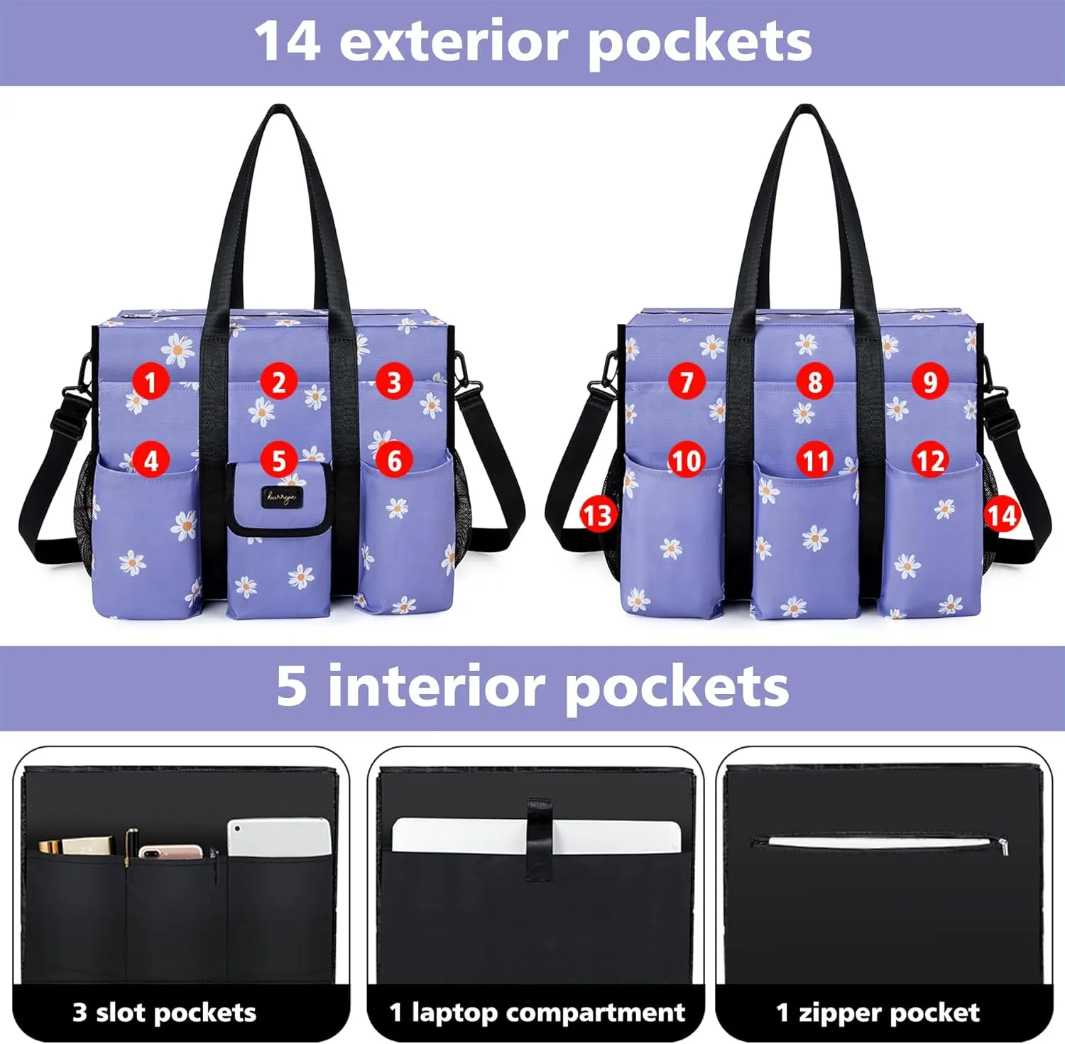 Utility Tote - Water Resistant with 19 Exterior/Interior Pockets - Large Women/Teacher/Work Bag