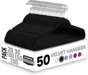 Utopia Home Velvet Hangers 50 Pack - Non-Slip Clothes Hanger Black with 360 Degree Rotatable Hook - Heavy Duty Coat Hanger - Pants Hangers