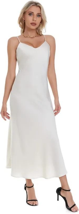 V neck Bias Cut Premium Satin Adjustable Strap Slip Maxi Dress