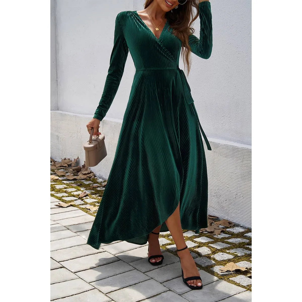 V Neck High Waist Slit Strap Velvet Midi Dress